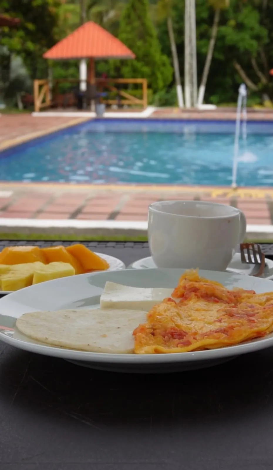Desayuno servido frente a la piscina