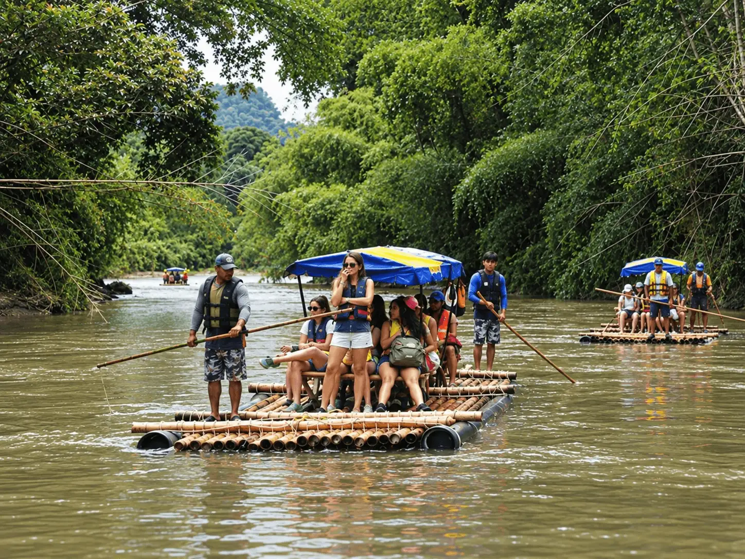 Balsas de guadua con visitantes navegando el Río La Vieja